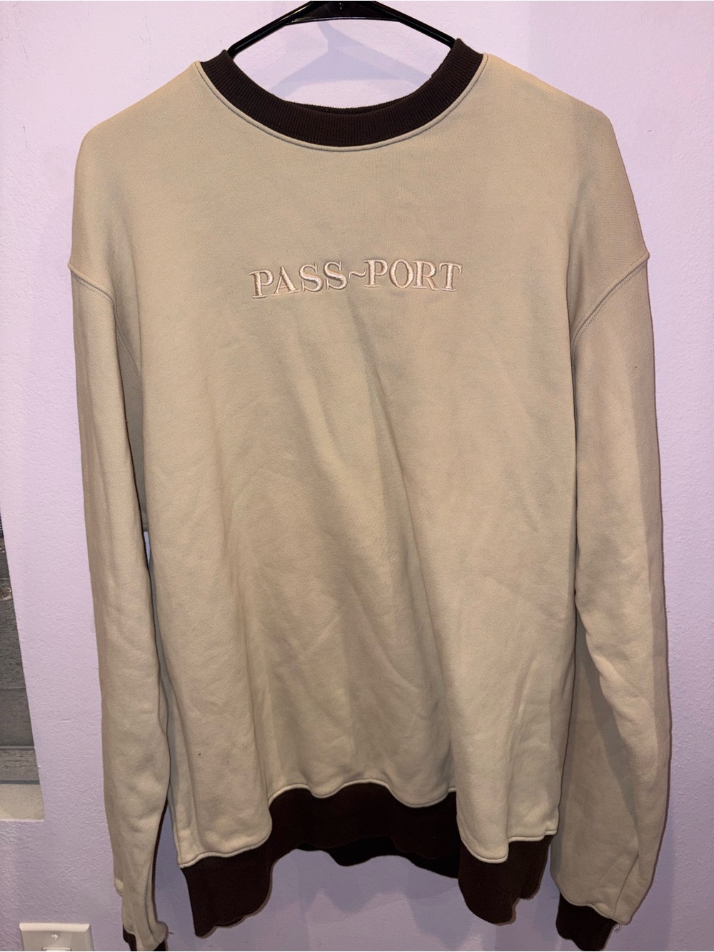 Passport Beige Crewneck with Dark Brown Trim
